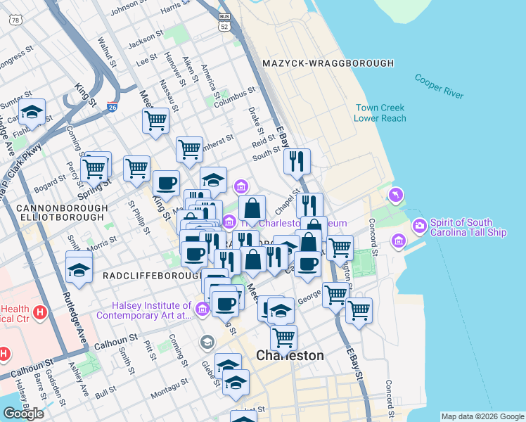 map of restaurants, bars, coffee shops, grocery stores, and more near in Charleston