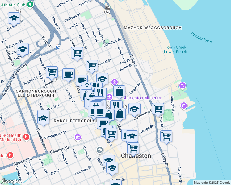 map of restaurants, bars, coffee shops, grocery stores, and more near 10 John Street in Charleston