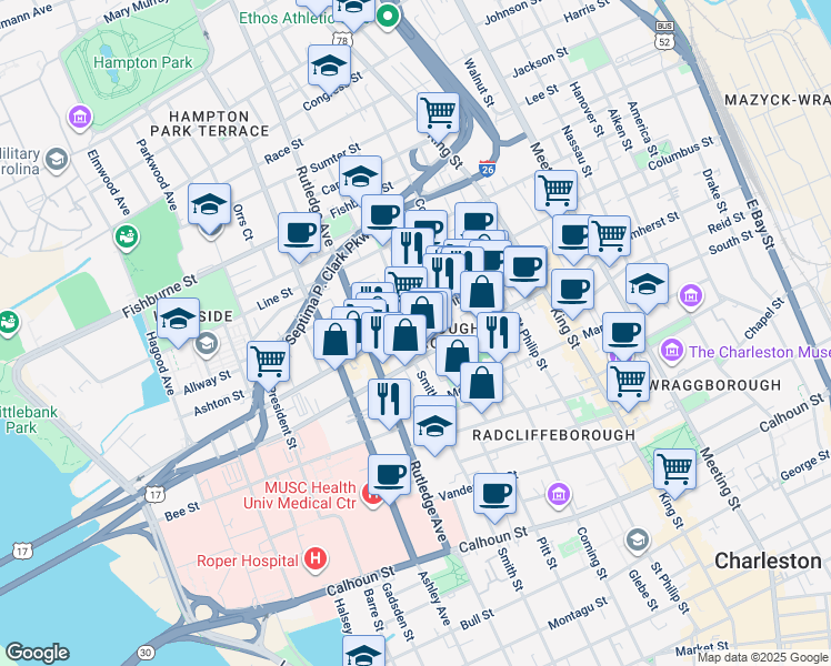 map of restaurants, bars, coffee shops, grocery stores, and more near in Charleston
