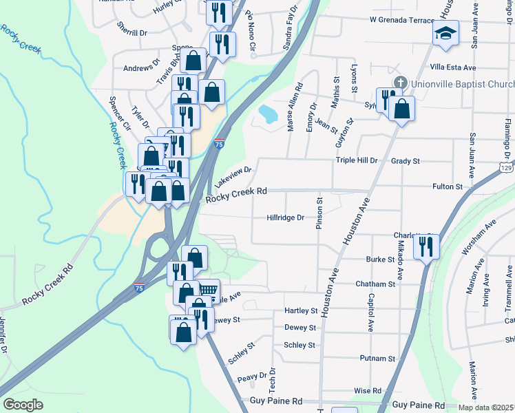 map of restaurants, bars, coffee shops, grocery stores, and more near 1288 Hillridge Drive in Macon