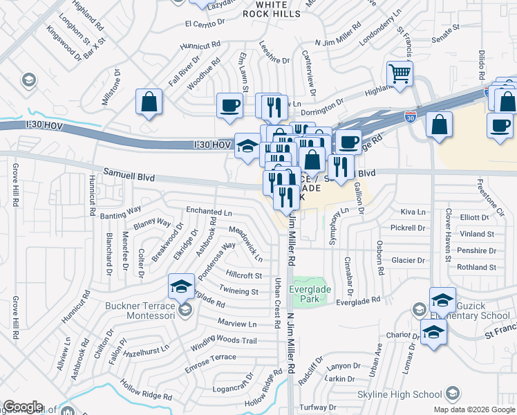 map of restaurants, bars, coffee shops, grocery stores, and more near 5735 Enchanted Lane in Dallas