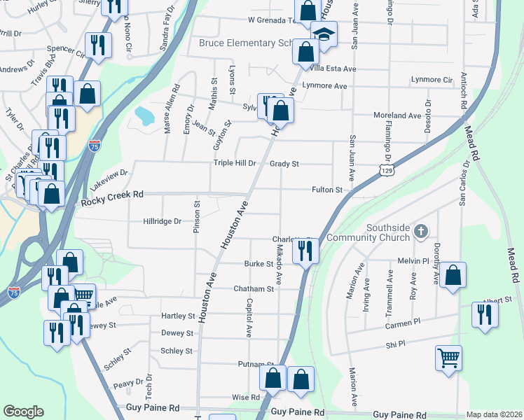 map of restaurants, bars, coffee shops, grocery stores, and more near 938 Troupe Street in Macon