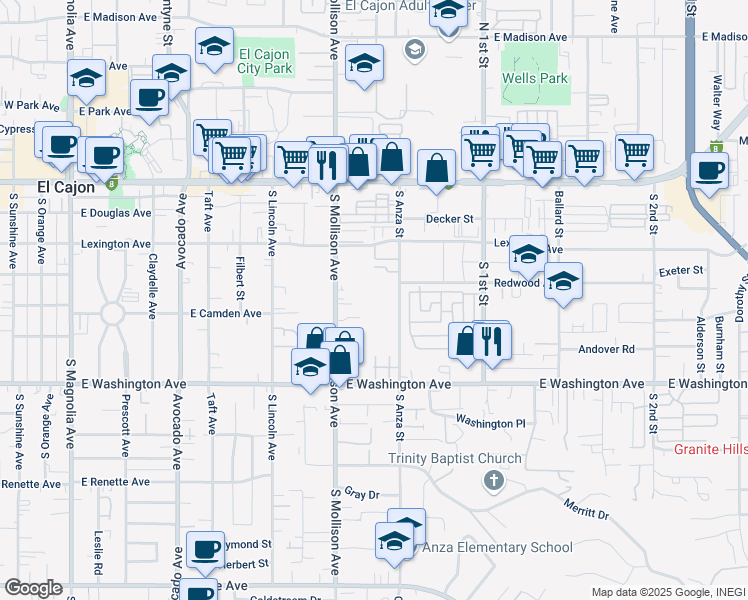 map of restaurants, bars, coffee shops, grocery stores, and more near 438 South Anza Street in El Cajon