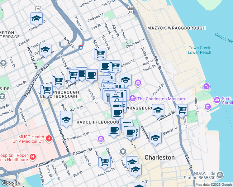 map of restaurants, bars, coffee shops, grocery stores, and more near 63 Mary Street in Charleston