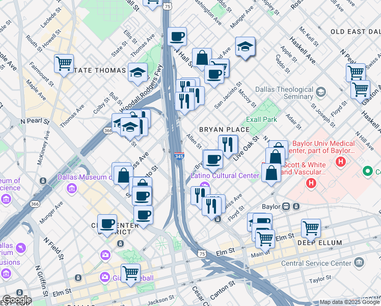 map of restaurants, bars, coffee shops, grocery stores, and more near 912 Texas Street in Dallas