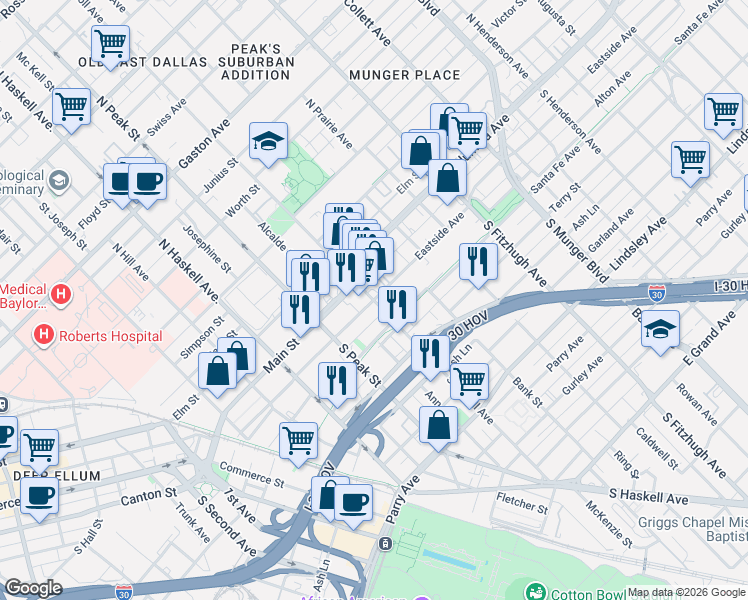 map of restaurants, bars, coffee shops, grocery stores, and more near East Side Avenue & South Carroll Avenue in Dallas