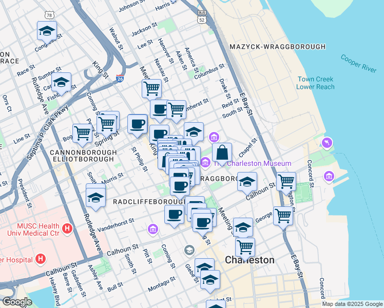 map of restaurants, bars, coffee shops, grocery stores, and more near 382 Meeting Street in Charleston