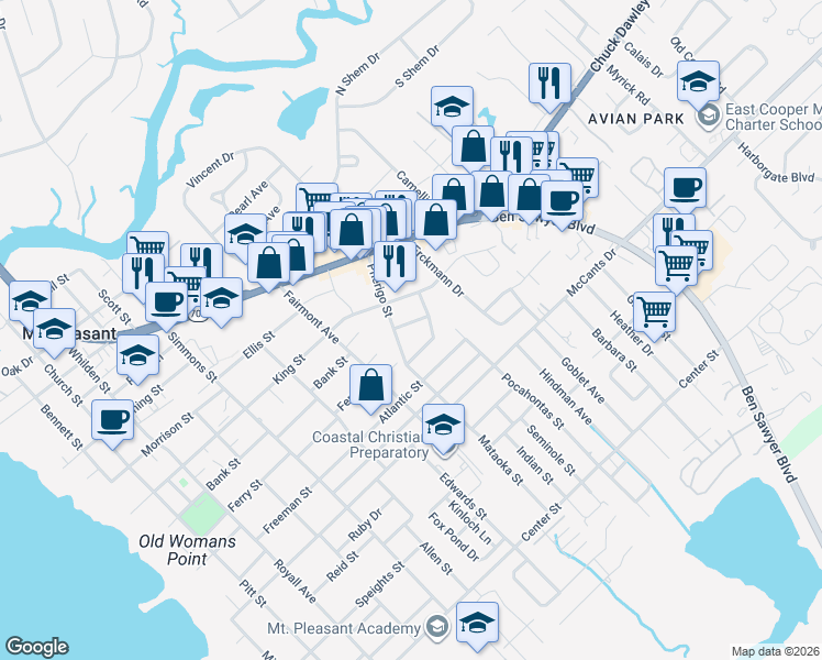 map of restaurants, bars, coffee shops, grocery stores, and more near 1311 Wayne Street in Mount Pleasant