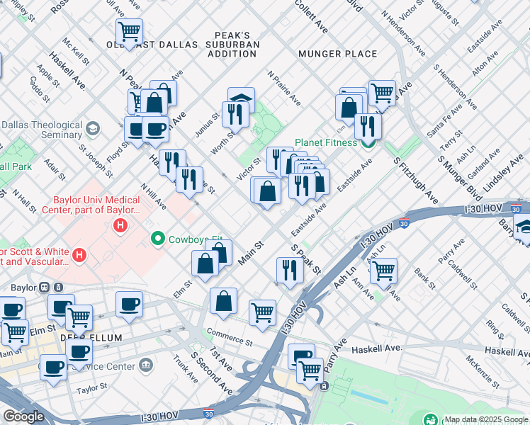 map of restaurants, bars, coffee shops, grocery stores, and more near 130 North Peak Street in Dallas