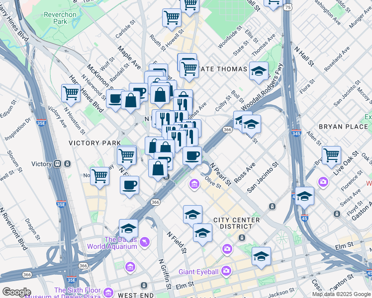 map of restaurants, bars, coffee shops, grocery stores, and more near 2121 North Pearl Street in Dallas