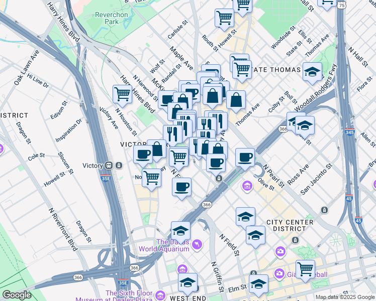 map of restaurants, bars, coffee shops, grocery stores, and more near 2017 Cedar Springs Road in Dallas