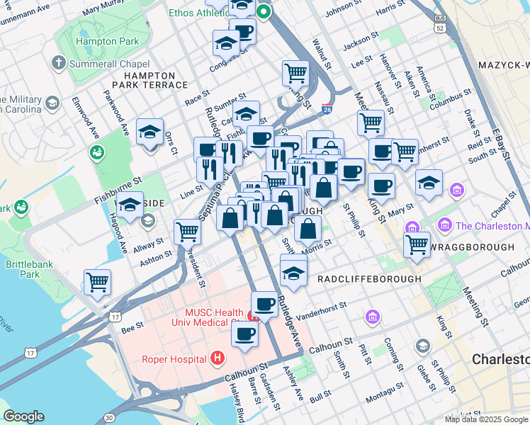 map of restaurants, bars, coffee shops, grocery stores, and more near 104 Spring Street in Charleston