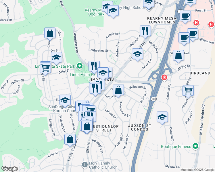 map of restaurants, bars, coffee shops, grocery stores, and more near Linda Vista Rd & Levant St in San Diego