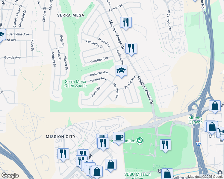 map of restaurants, bars, coffee shops, grocery stores, and more near 2641 Raymell Drive in San Diego