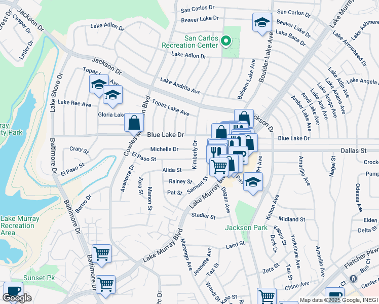 map of restaurants, bars, coffee shops, grocery stores, and more near 8025 Michelle Drive in La Mesa