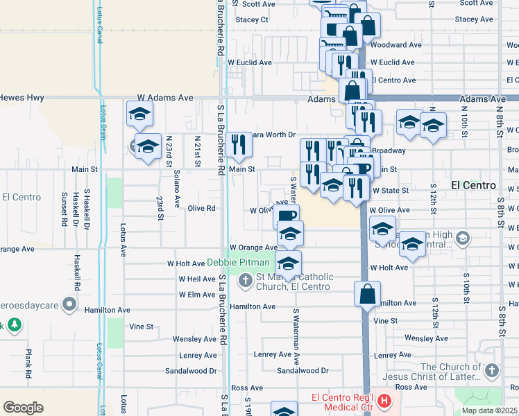 map of restaurants, bars, coffee shops, grocery stores, and more near 1855 Main Street in El Centro