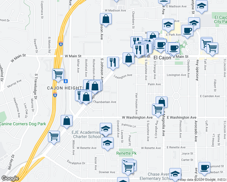 map of restaurants, bars, coffee shops, grocery stores, and more near 325 El Cajon Boulevard in El Cajon