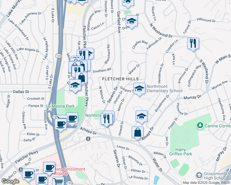 map of restaurants, bars, coffee shops, grocery stores, and more near 6200 Dixie Drive in La Mesa