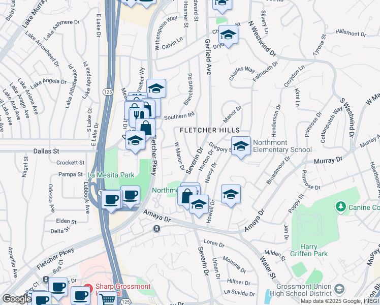 map of restaurants, bars, coffee shops, grocery stores, and more near 6200 Dixie Drive in La Mesa