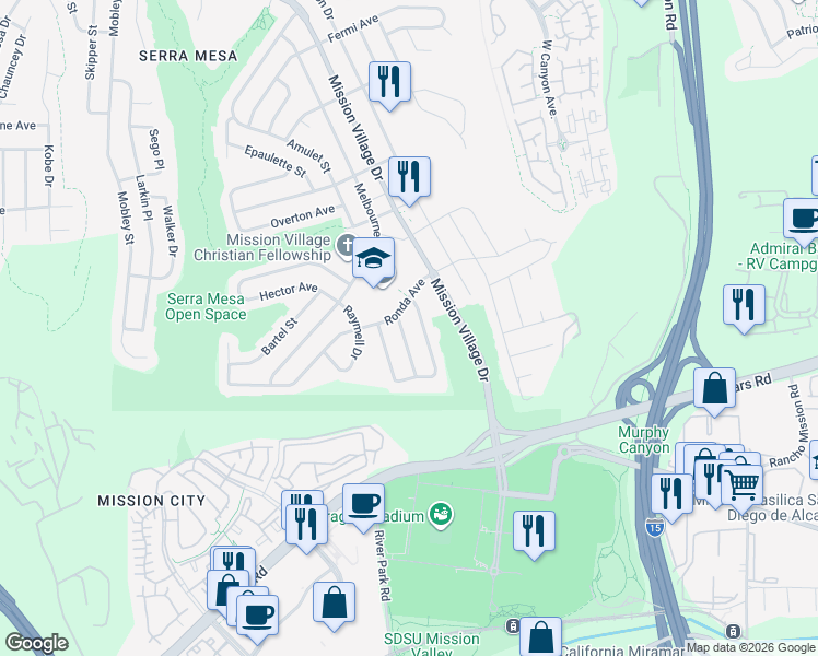 map of restaurants, bars, coffee shops, grocery stores, and more near 2581 Mammoth Drive in San Diego
