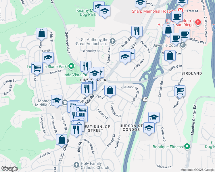 map of restaurants, bars, coffee shops, grocery stores, and more near 7301 Linda Vista Road in San Diego