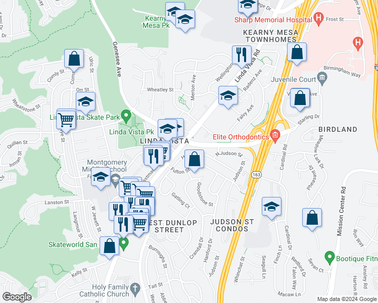map of restaurants, bars, coffee shops, grocery stores, and more near 7311 Linda Vista Road in San Diego