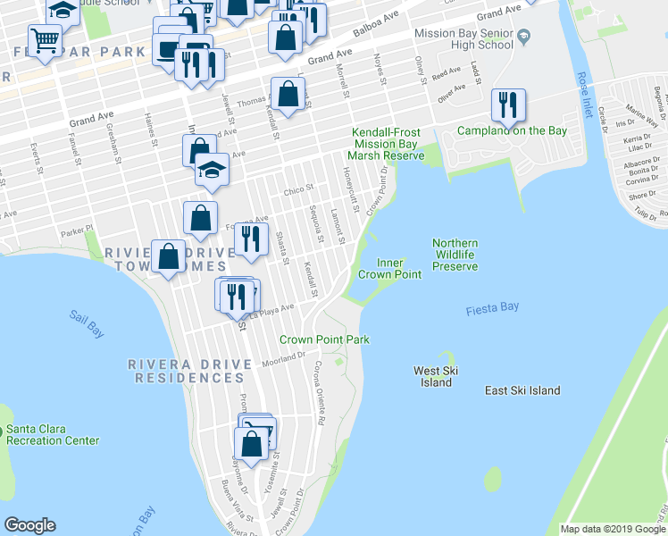 map of restaurants, bars, coffee shops, grocery stores, and more near in San Diego