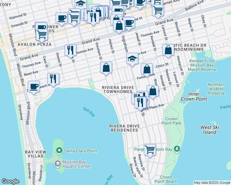 map of restaurants, bars, coffee shops, grocery stores, and more near 3982 Riviera Drive in San Diego