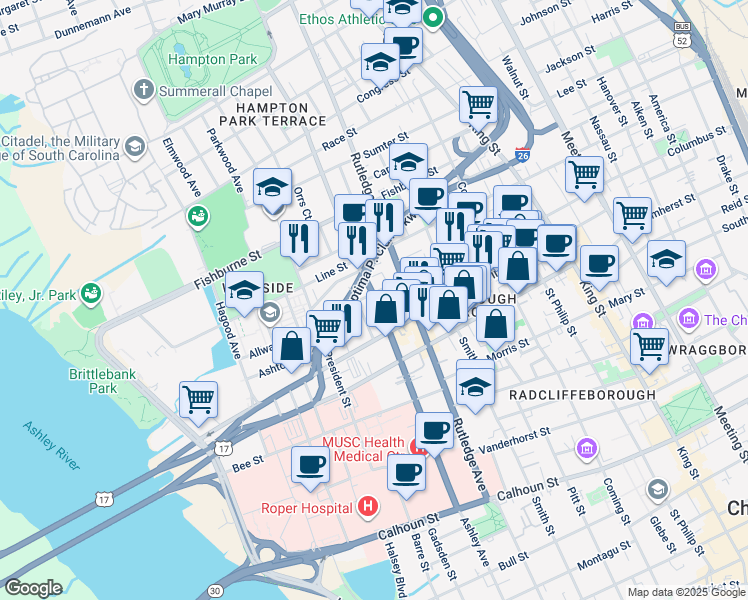 map of restaurants, bars, coffee shops, grocery stores, and more near 4 Catfiddle Street in Charleston