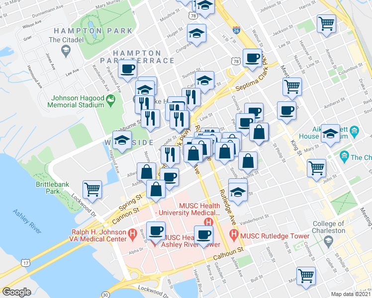 map of restaurants, bars, coffee shops, grocery stores, and more near 27 Kennedy Street in Charleston