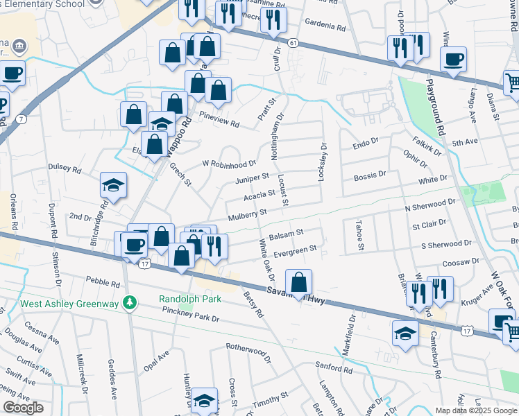 map of restaurants, bars, coffee shops, grocery stores, and more near 1553 Acacia Street in Charleston