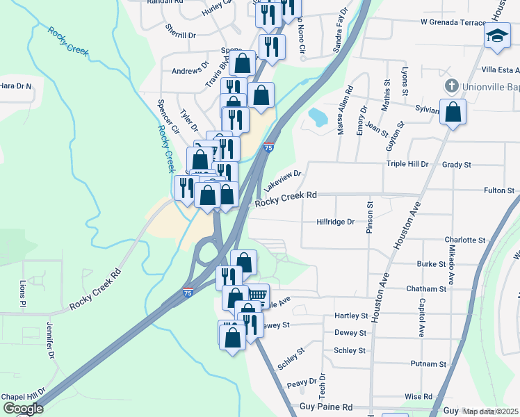 map of restaurants, bars, coffee shops, grocery stores, and more near 1348 Lakeview Drive in Macon