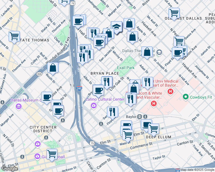 map of restaurants, bars, coffee shops, grocery stores, and more near 3030 Bryan Street in Dallas