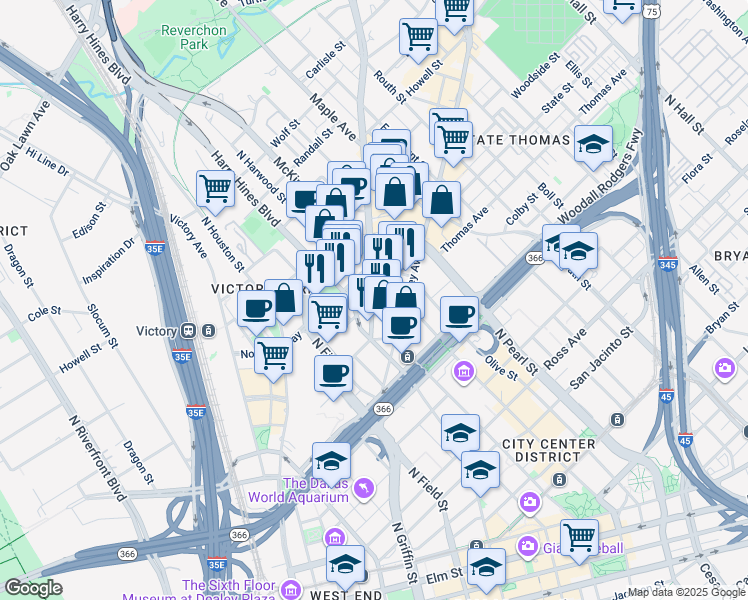 map of restaurants, bars, coffee shops, grocery stores, and more near 2017 Cedar Springs Road in Dallas