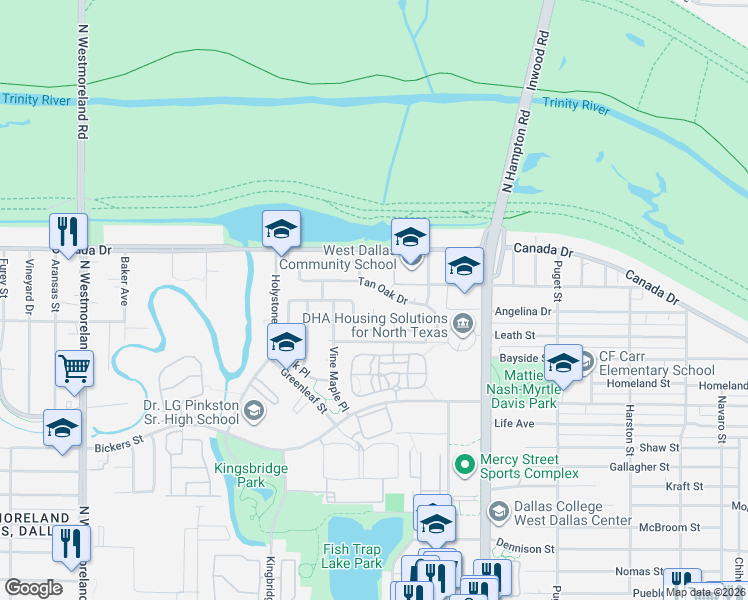 map of restaurants, bars, coffee shops, grocery stores, and more near 4115 Plum Leaf Court in Dallas