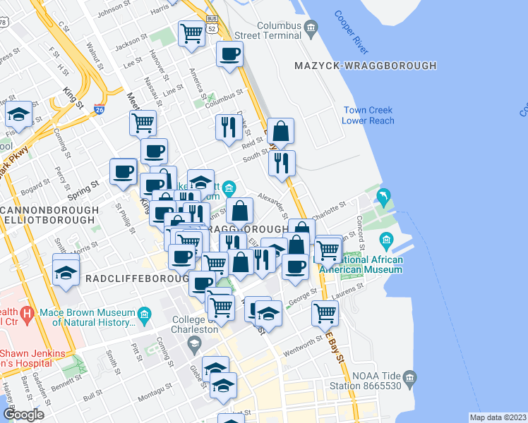 map of restaurants, bars, coffee shops, grocery stores, and more near 32 1/2 Chapel Street in Charleston