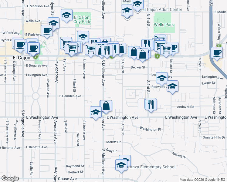 map of restaurants, bars, coffee shops, grocery stores, and more near 478 South Anza Street in El Cajon