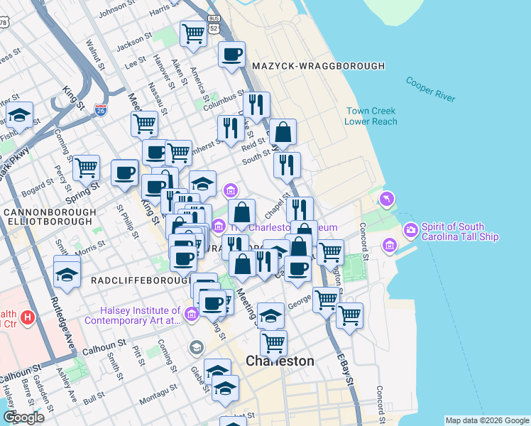map of restaurants, bars, coffee shops, grocery stores, and more near 1 Judith Street in Charleston