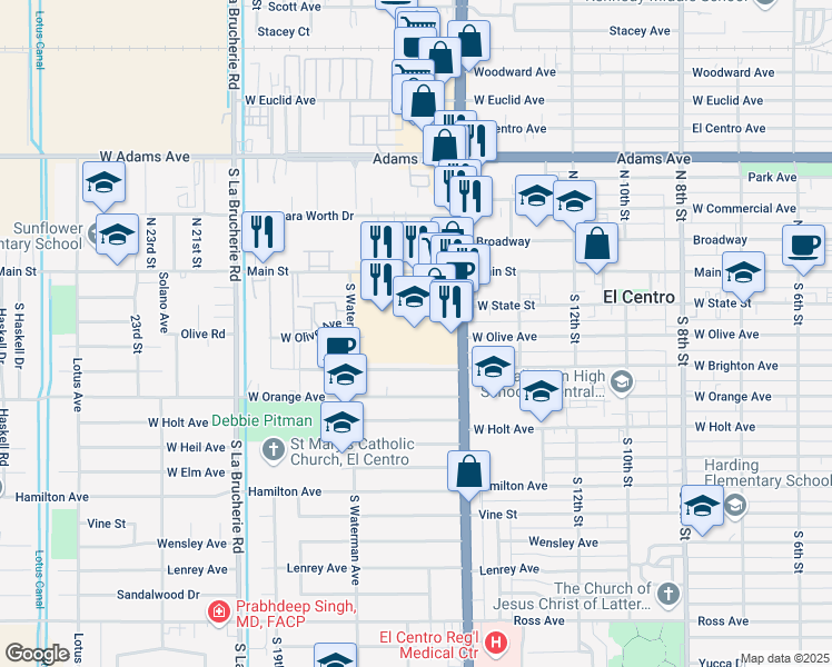 map of restaurants, bars, coffee shops, grocery stores, and more near 1525 Main Street in El Centro