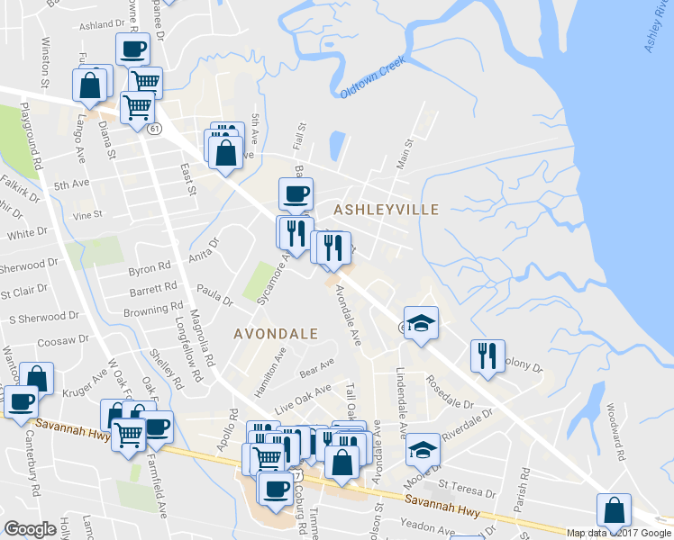 map of restaurants, bars, coffee shops, grocery stores, and more near 840 Saint Andrews Boulevard in Charleston