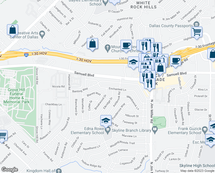 map of restaurants, bars, coffee shops, grocery stores, and more near 5405 Enchanted Lane in Dallas