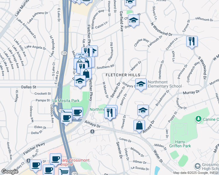 map of restaurants, bars, coffee shops, grocery stores, and more near 6170-72 Stanley Drive in La Mesa