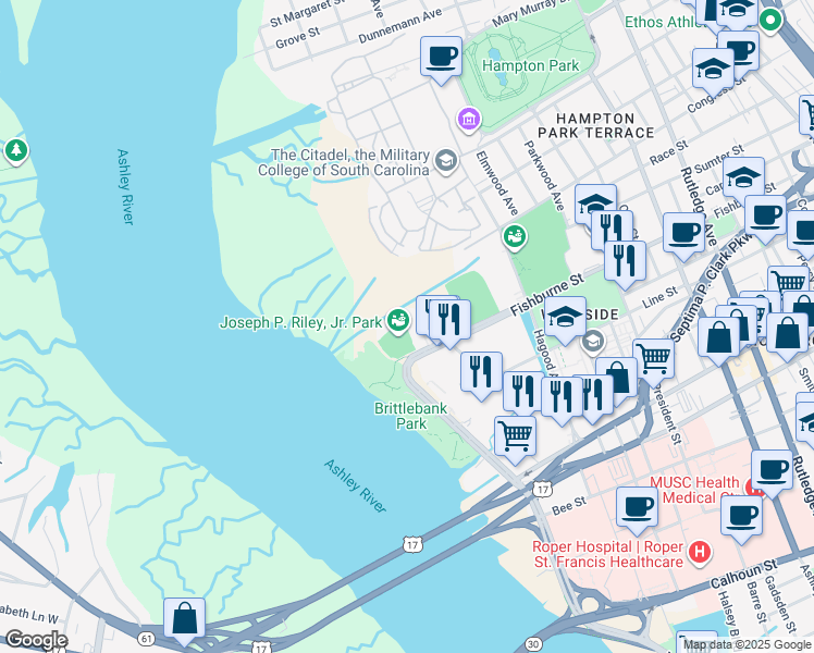 map of restaurants, bars, coffee shops, grocery stores, and more near 360 Fishburne Street in Charleston