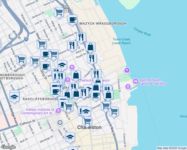 map of restaurants, bars, coffee shops, grocery stores, and more near 18F Chapel Street in Charleston
