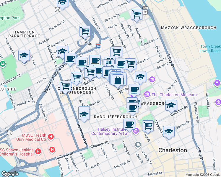 map of restaurants, bars, coffee shops, grocery stores, and more near 7 Cannon Street in Charleston