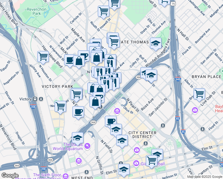map of restaurants, bars, coffee shops, grocery stores, and more near 2121 North Pearl Street in Dallas