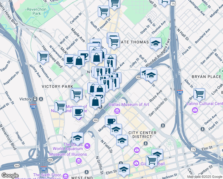 map of restaurants, bars, coffee shops, grocery stores, and more near 2121 North Pearl Street in Dallas