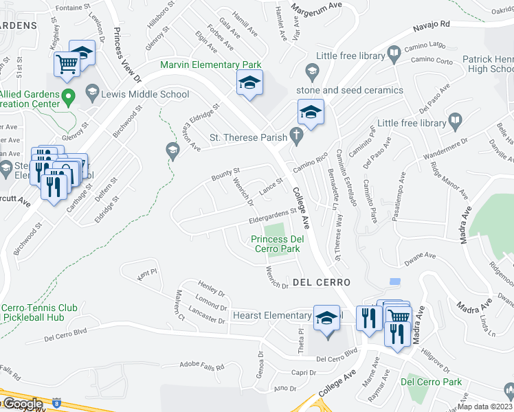 map of restaurants, bars, coffee shops, grocery stores, and more near 6275 Wenrich Drive in San Diego