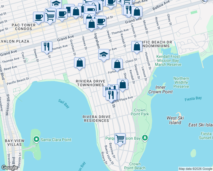 map of restaurants, bars, coffee shops, grocery stores, and more near 3940 Ingraham Street in San Diego