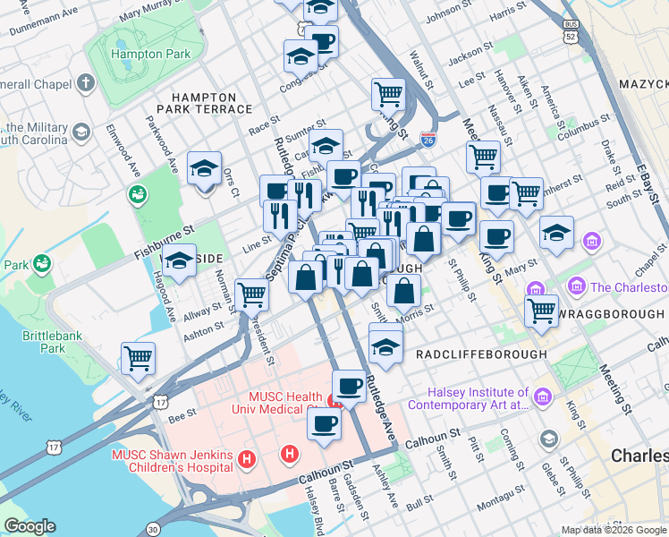 map of restaurants, bars, coffee shops, grocery stores, and more near 230 Rutledge Avenue in Charleston